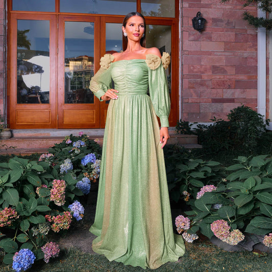 Long Sleeve Elegant Boat Neck Waist Beach Vacation Long Bohemian Large Swing