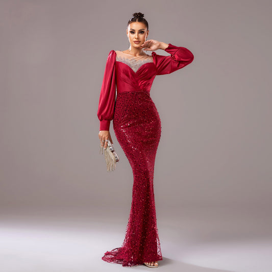Long Sleeve round Neck Cocktail Hip Wrapped Rhinestone Sequined Evening Dress Bridesmaid Dress