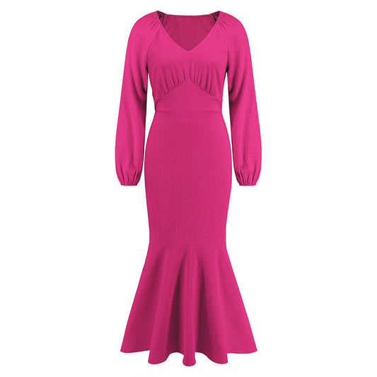 V Neck Long Sleeved Fishtail Dress Waist Slimming Slim Maxi Dress