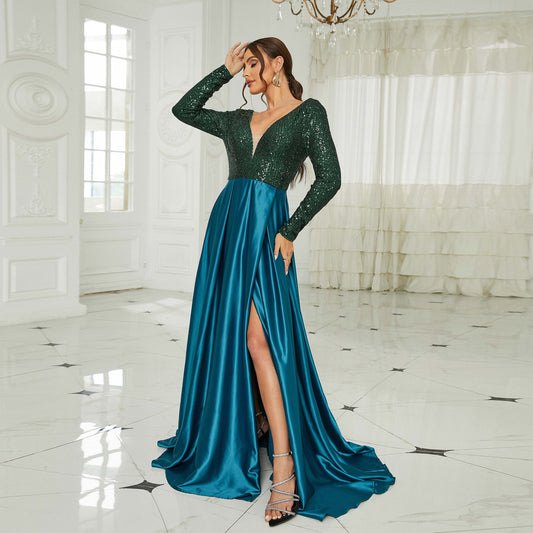 Elegant Long Sleeve Long Sequin Stitching Deep V Plunge-neck Annual Party Evening Dress Bridesmaid Dress