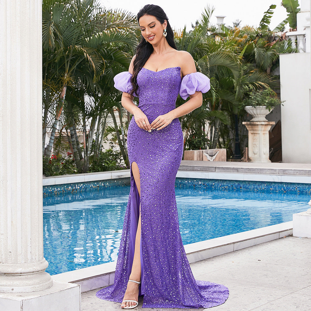 Elegant Long Sequined Short Sleeve Wrapped Chest Backless Cocktail Evening Dress Bridesmaid