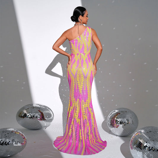 Sleeveless Elegant Long Sequined One-Shoulder Diagonal Collar Cocktail Evening Dress Bridesmaid Dress