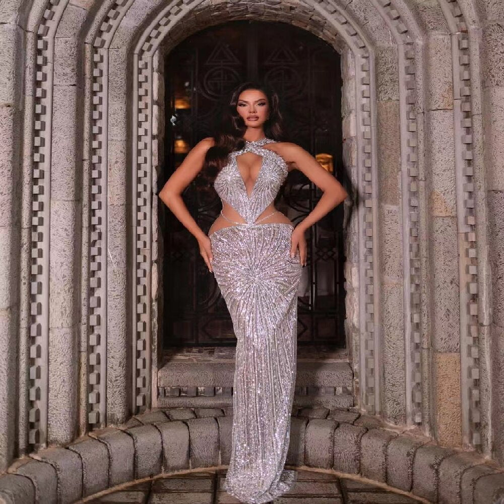 Silver Beaded Diamond Sequin Gauze Cami Dress Backless Red Carpet Dinner Dress