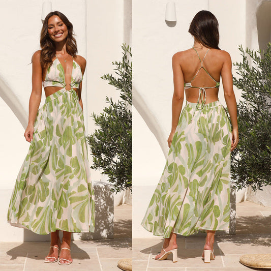 V neck Backless Lace Printing Swing Maxi Dress