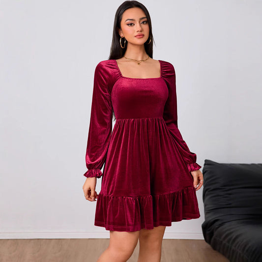 French Velvet Wine Red Dress Midi Dress