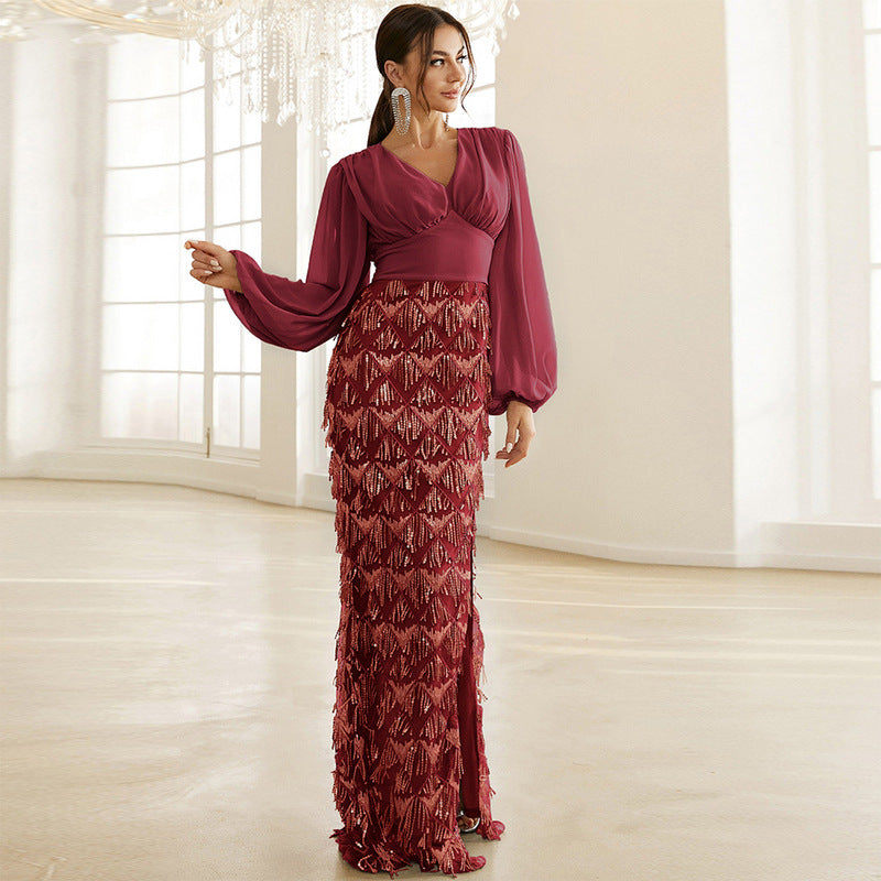 Wedding V-neck Long Sleeve Chinese High-Waist Blue Sequined Tassel Evening Dress for