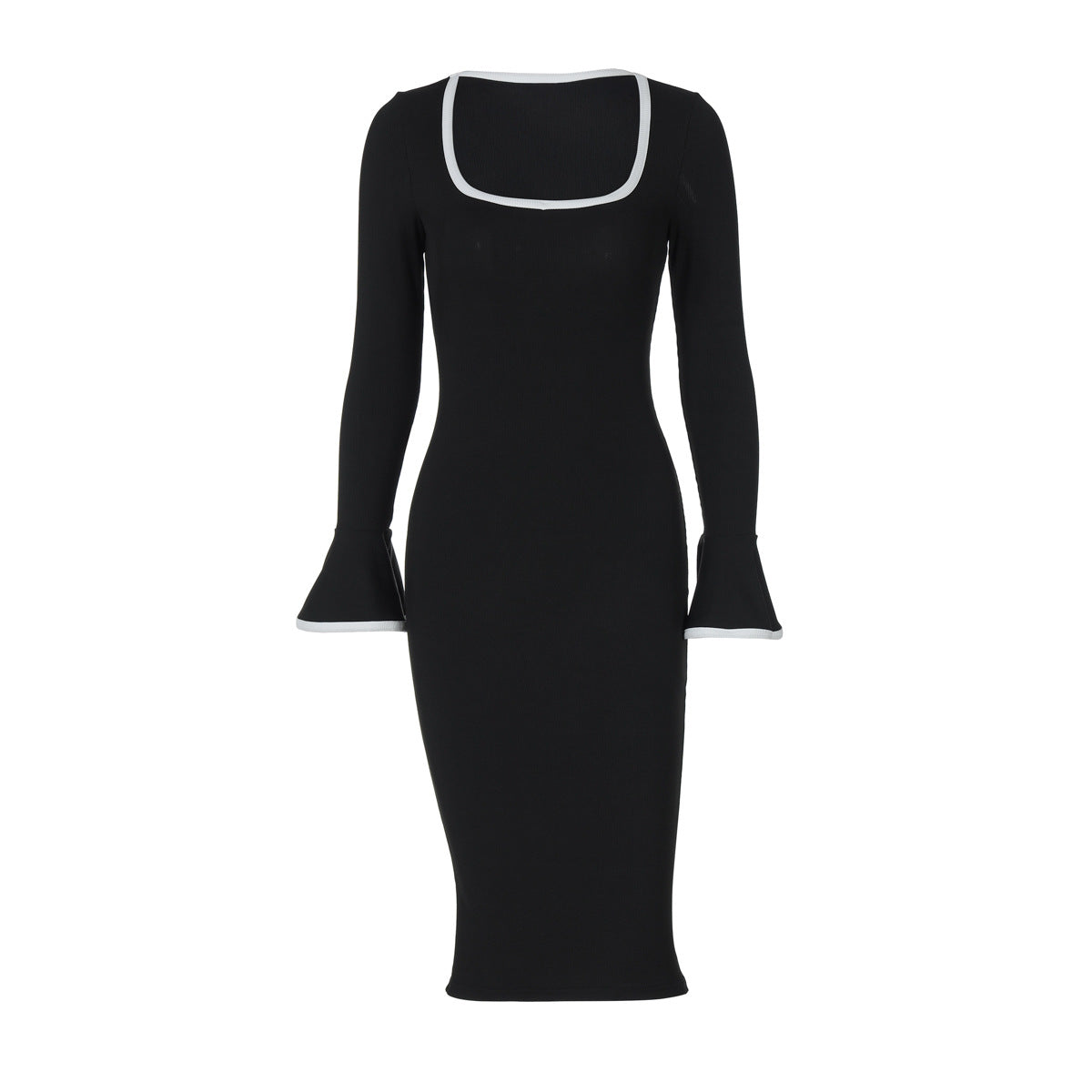 Square Collar Contrast Color Knitted Midi Dress Bell Sleeve Sheath