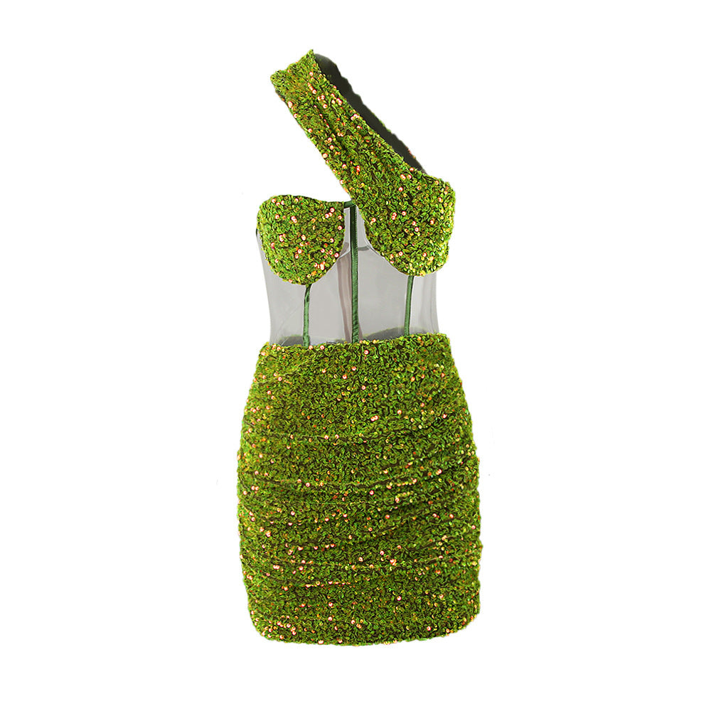 Green See-through Sequin Gauze Wrapped Chest Sloping Shoulder Backless Short Dress for