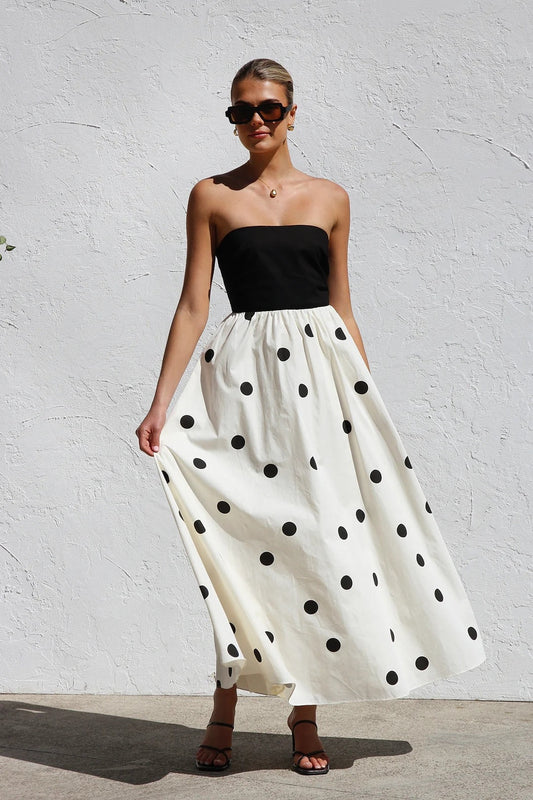 Polka Dot Printing Stitching Wrapped Chest A Swing Maxi Dress