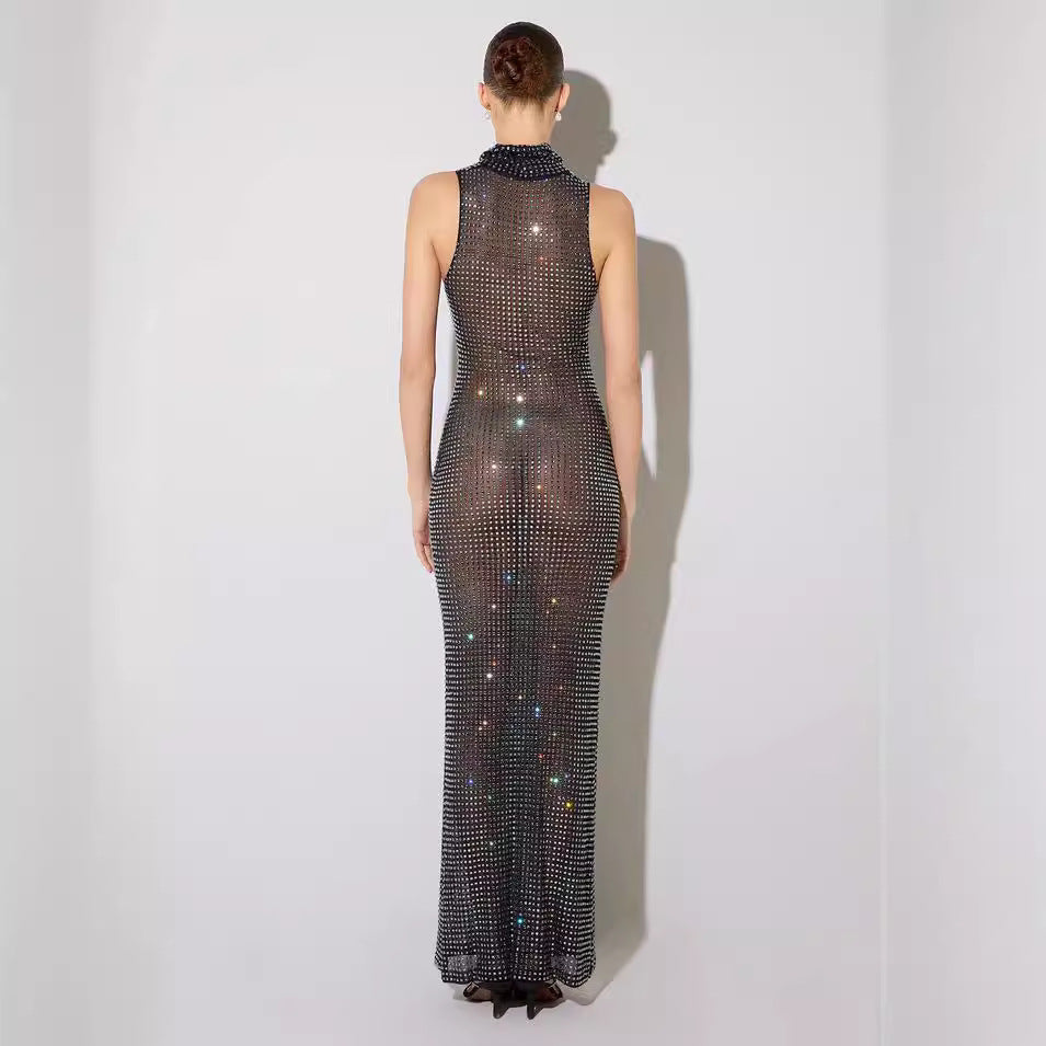 Sheer Cutout Maxi Dress Mesh Rhinestone Sleeveless Maxi