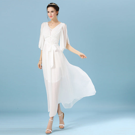 V Neck Half Sleeves Dress Solid Color Midi Dress