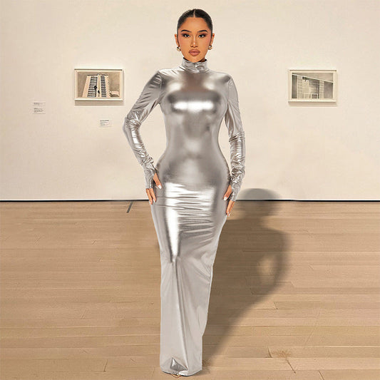 Metallic Backless Skinny Slimming Slim Metallic Coated Fabric Dress