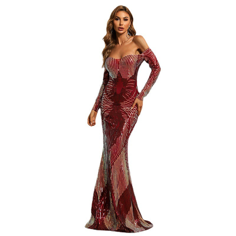 Red off-Neck Sheath Wrapped Chest Wedding Toast Dress Banquet Sequined Evening Dress Prom Formal Gown