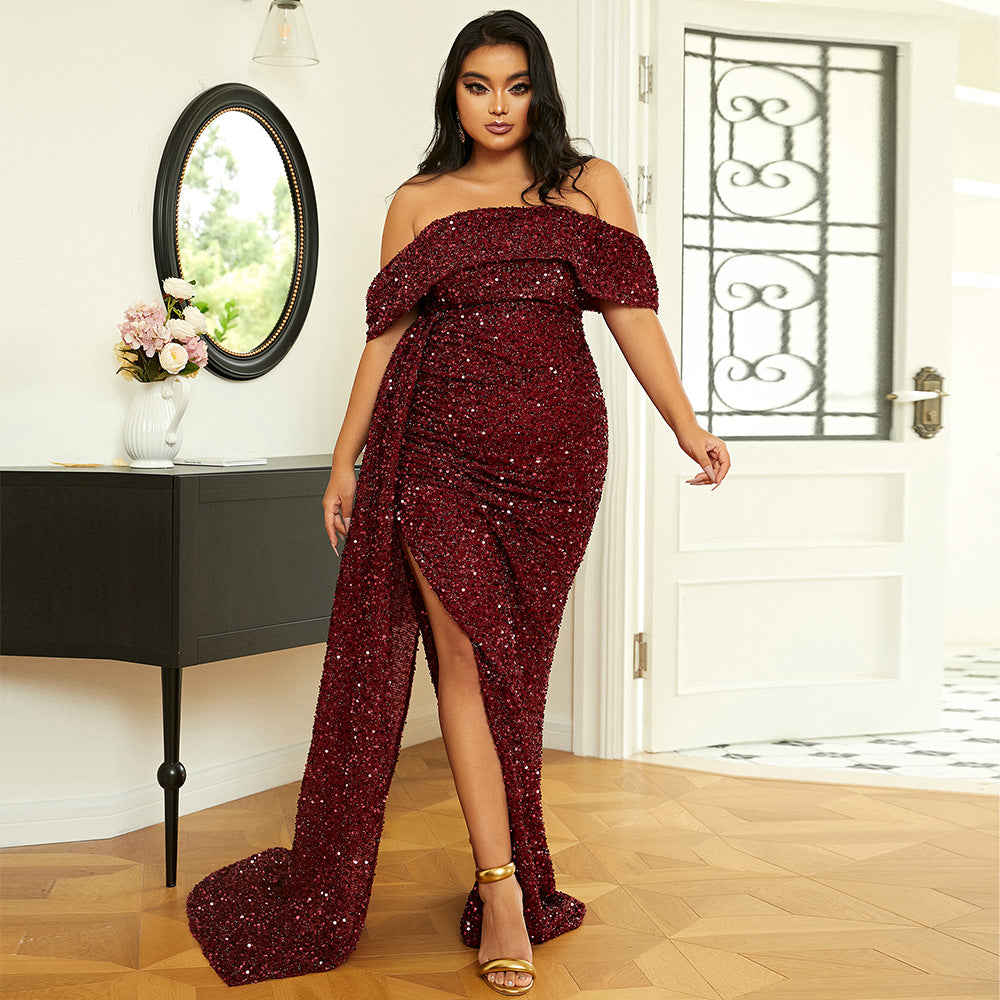 Plus Size Long Wedding Party Cocktail Light Sequined Evening Dress