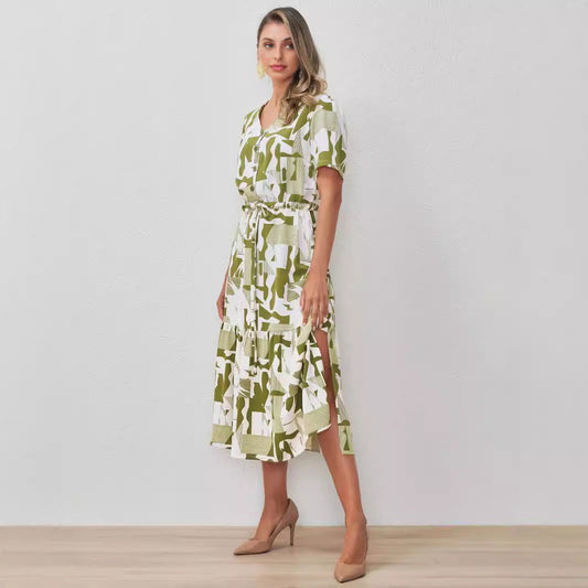 Cardigan Design Elastic Waisted Lace Side Slit Midi Dress