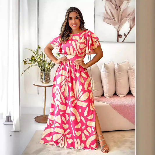 Casual Printed Dress Side Slit Stringy Selvedge Short Sleeve Maxi Dress