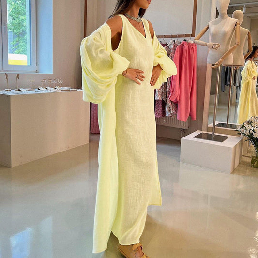 Casual Vest Dress Puff Sleeve Solid Color Robe Suit Two Piece Set