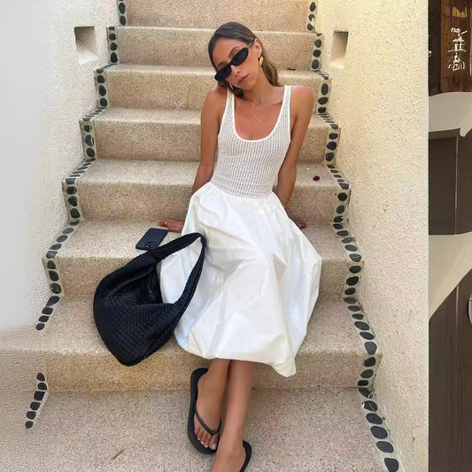 Sleeveless Mesh Vest Sweet Stitching Faux Two Piece Slim Dress Summer