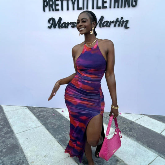 Personalized Printed Pleated Tight Backless Halter Split Dress