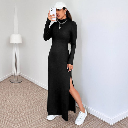 Simple Backless Design Slim Fit Slit Midi Dress