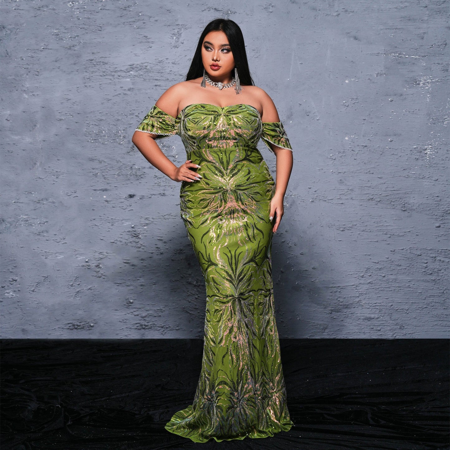 Plus Size Long Off Neck Cocktail Sequined Evening Dress Dress