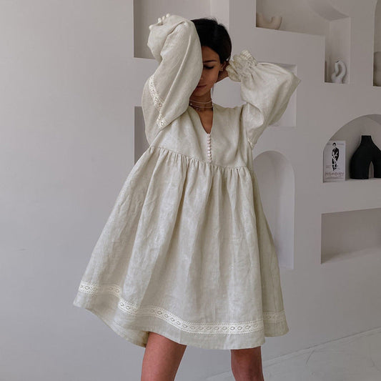 Cotton Linen French Dress Office V neck Lantern Sleeve Loose Dress