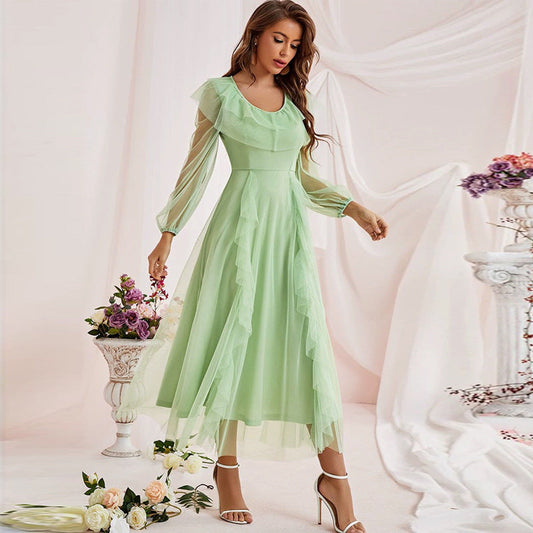 Lace Mesh Maxi Dress round Neck High Waist Voile A line Dress