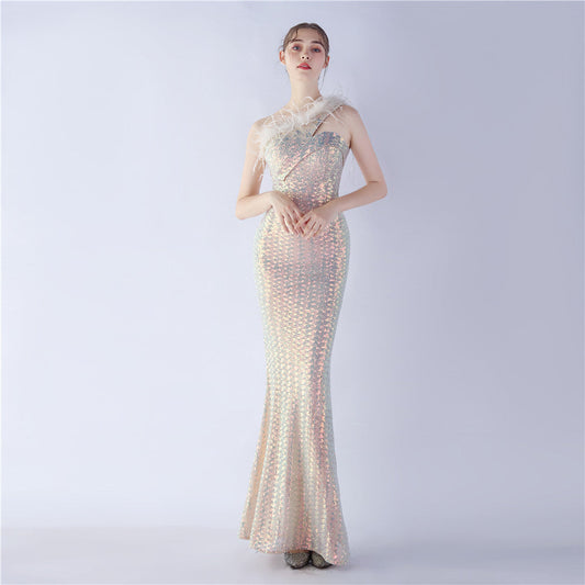 Craft Order Ostrich Feather Single Shoulder Diagonal Collar High Density Sequin High End Evening Dress