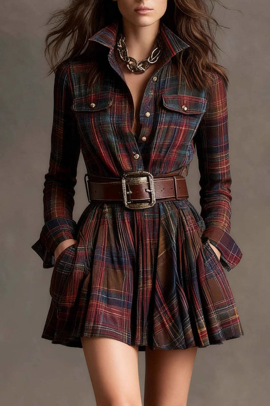 Vintage Lapel Red and Brown Plaid Mini Dress(Includes belt)