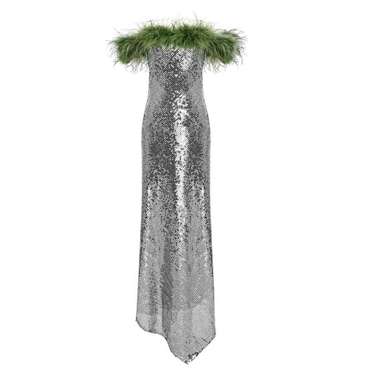 Silver off Shoulder Fur Collar Twill Sequin Dress French Dress Green Feather