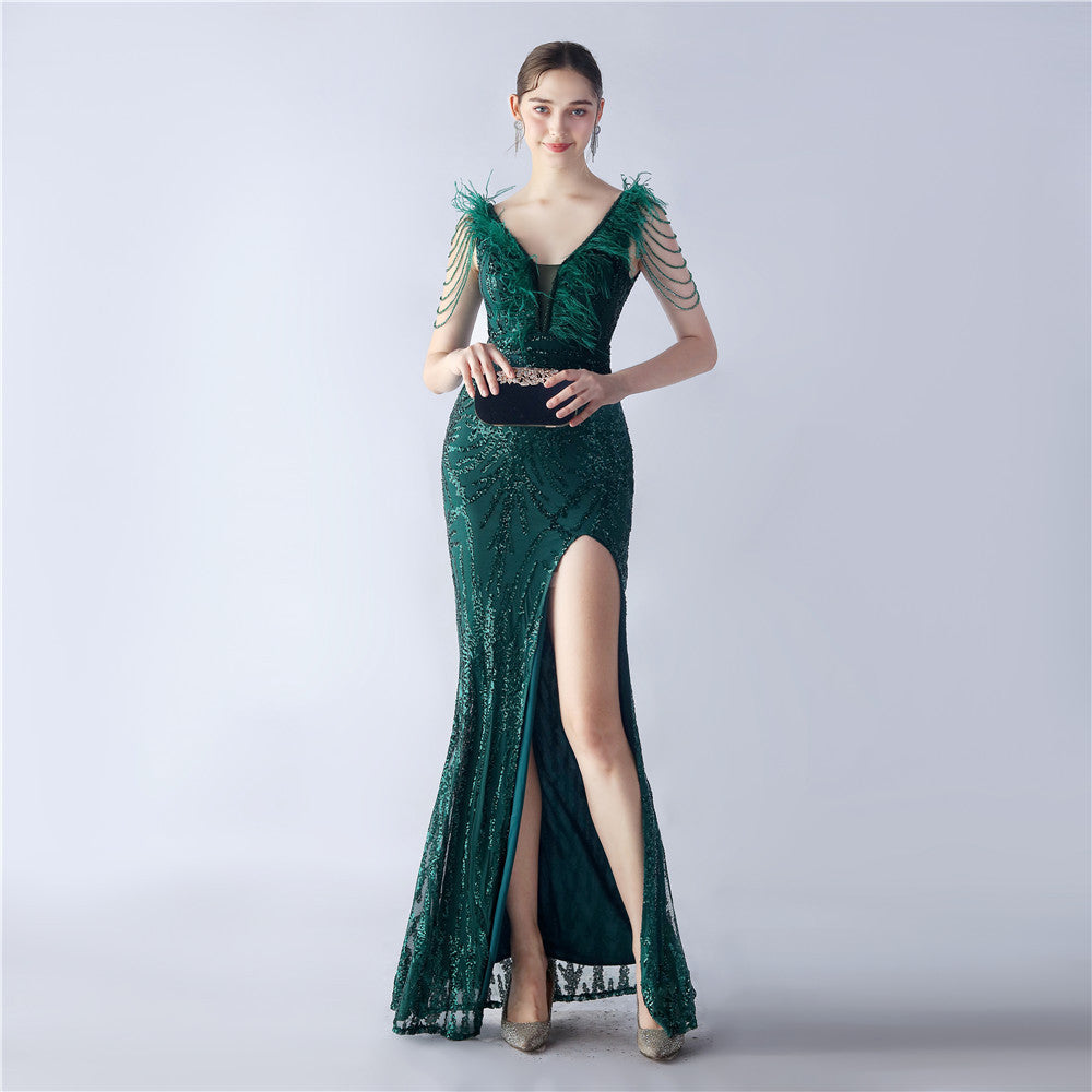 Heavy Industry Ostrich Feather plus Beaded Long Sequined Evening Dress