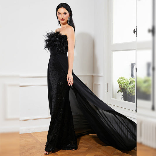 Long Sequined Sleeveless Feather Wrapped Chest Backless Cocktail Evening Dress Bridesmaid Bodycon Maxi