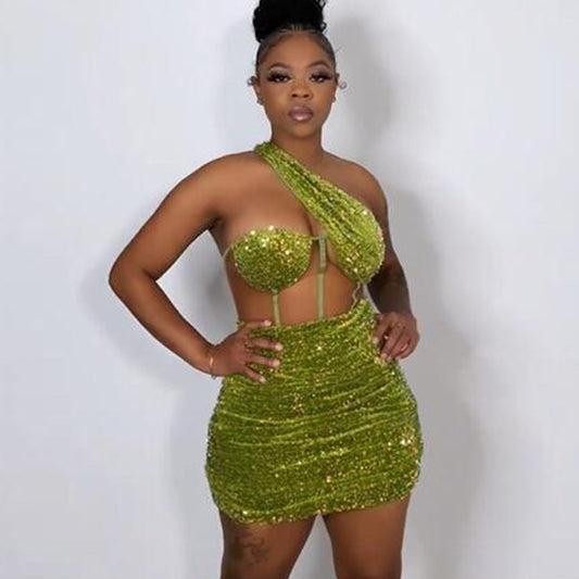Green See-through Sequin Gauze Wrapped Chest Sloping Shoulder Backless Short Dress for