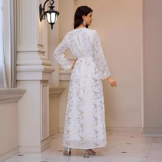 Gold Pattern Printed Maxi Dress Patchwork Knitted Belt Long Sleeve Dress