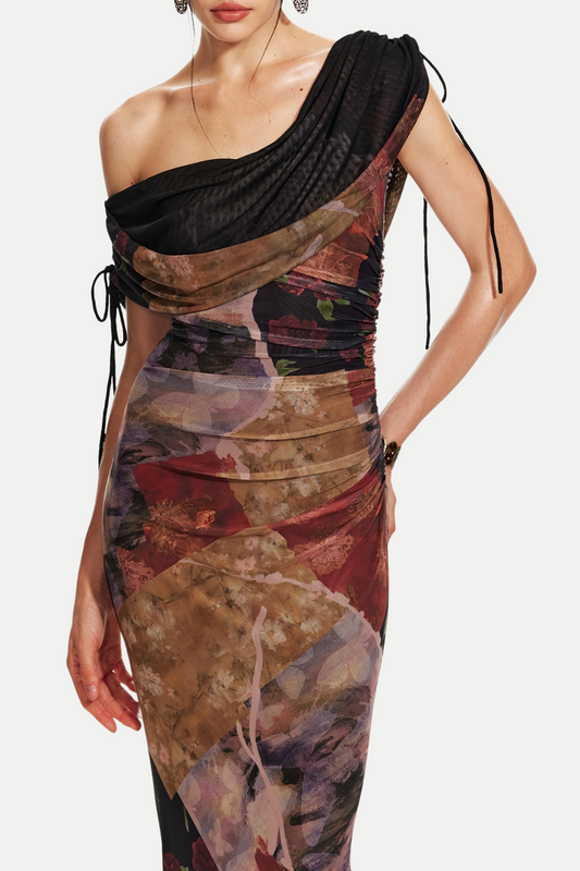 Rosala Print Mesh Off Shoulder Maxi Dress