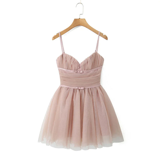 Pink Tulle Spaghetti Strap Mini Dress