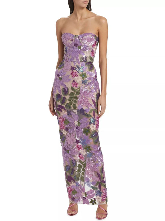 Floral-Embellished Sequin Lavender Ankle Length Dress