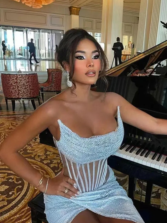 Strapless Mesh Sequins Ruffles Maxi Dress