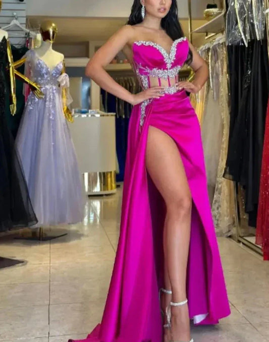 Satin Sequins Fuchsia Side Split Prom Dress