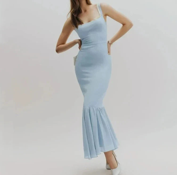 Light Blue Spliced Ruffles Hem Midi Dress