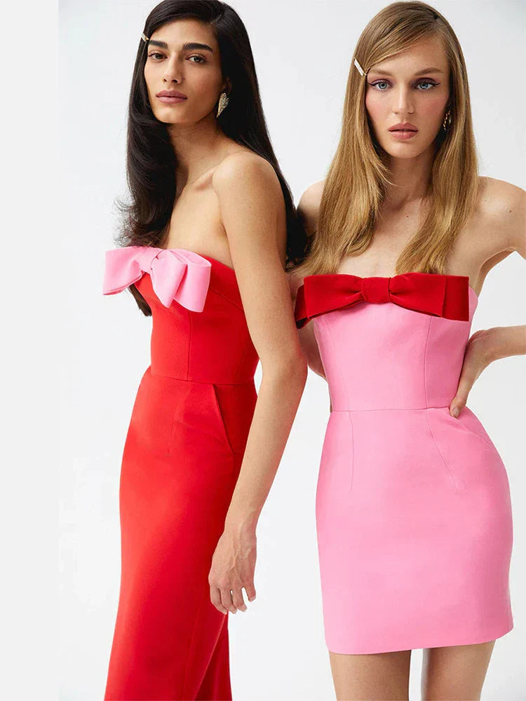 Off Shoulder Bow Design Pink Mini Dress