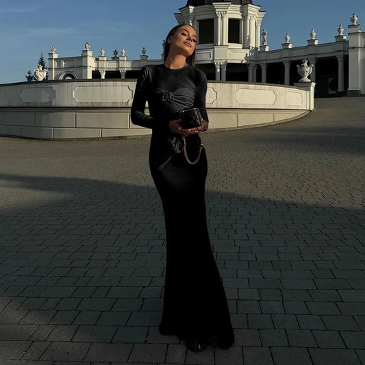 Ruched Flower Long Sleeve Solid Maxi Dress