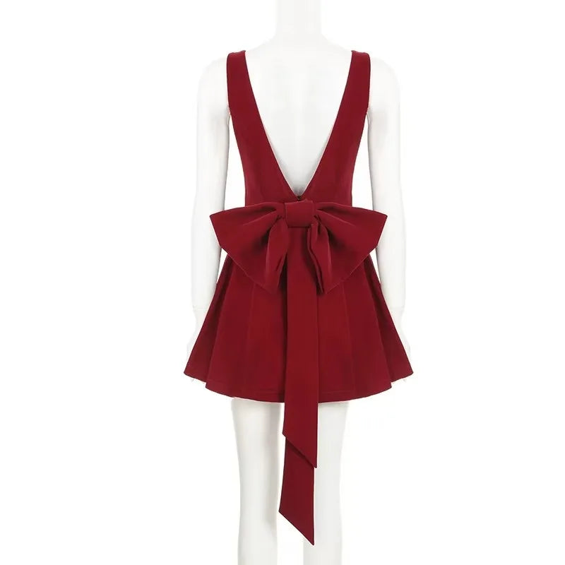 Red Bow Dress A Line Spaghetti Straps Backless