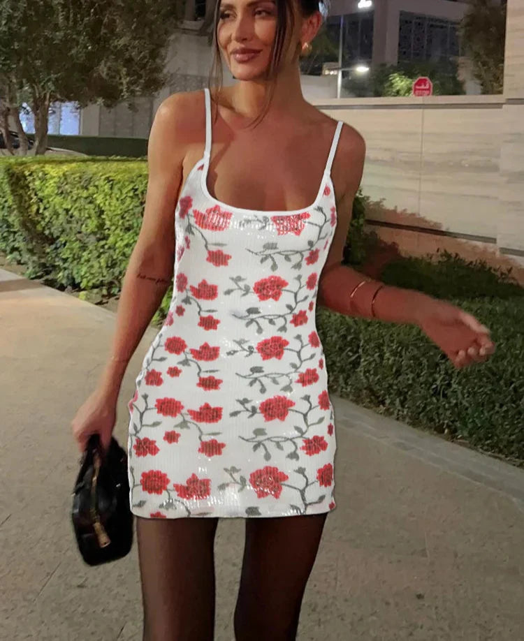 Rose Sequins Splice Sleeveless Mini Dress
