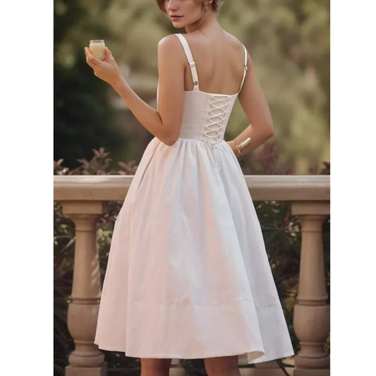 Wire Corset Style Low Waist White Midi Dress