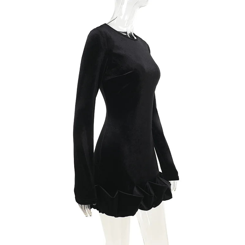 Velvet 3D Pleated Hem Long Sleeve Dress