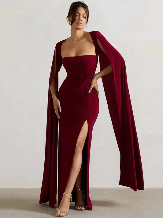 Elegant Cape Sleeve Maxi Dress with High Split