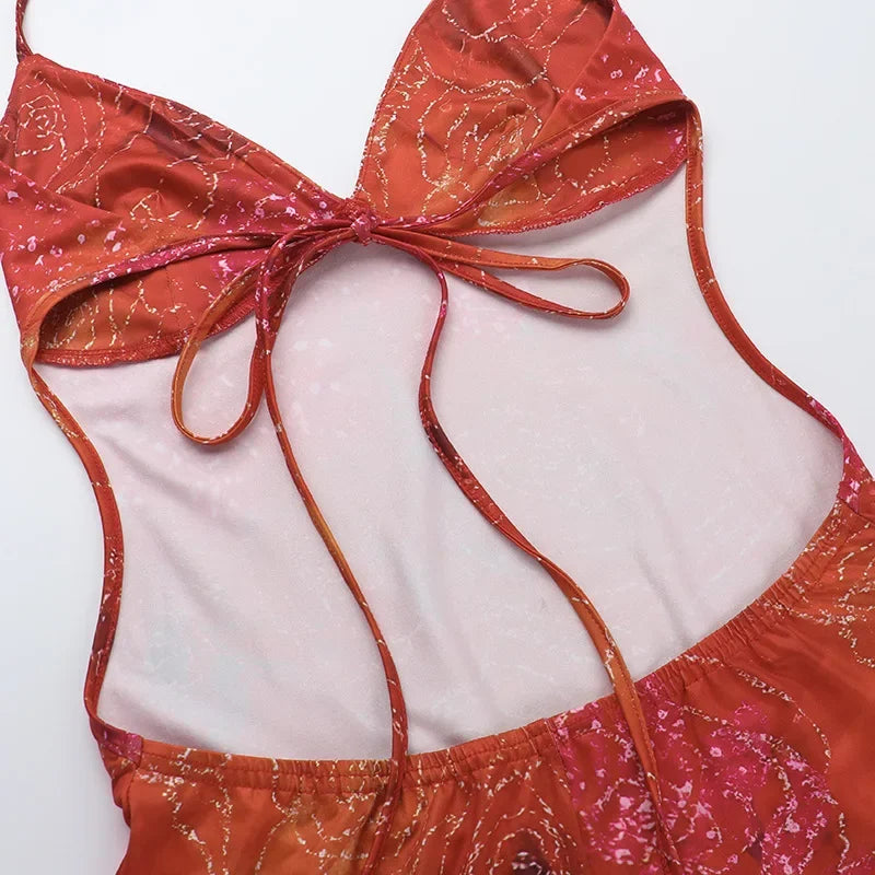 Orange Printed Open Back Halter Maxi Dress