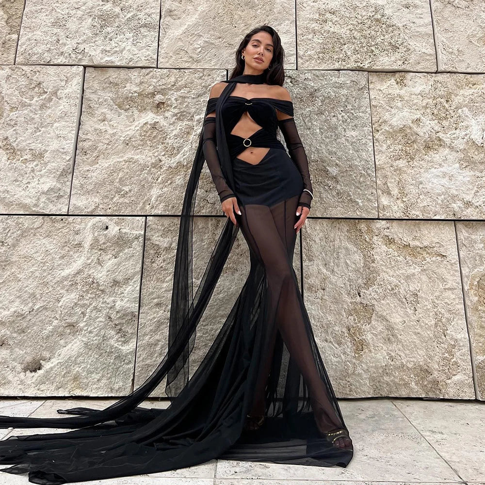 Off The Shoulder Mesh Folded Scarf Maxi Dress