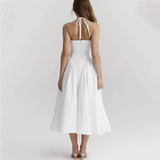 White Bow Halter Neck Pleated Midi Dress